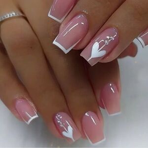 24pcs Press On Nails Long Square White French With White Love Design Str…